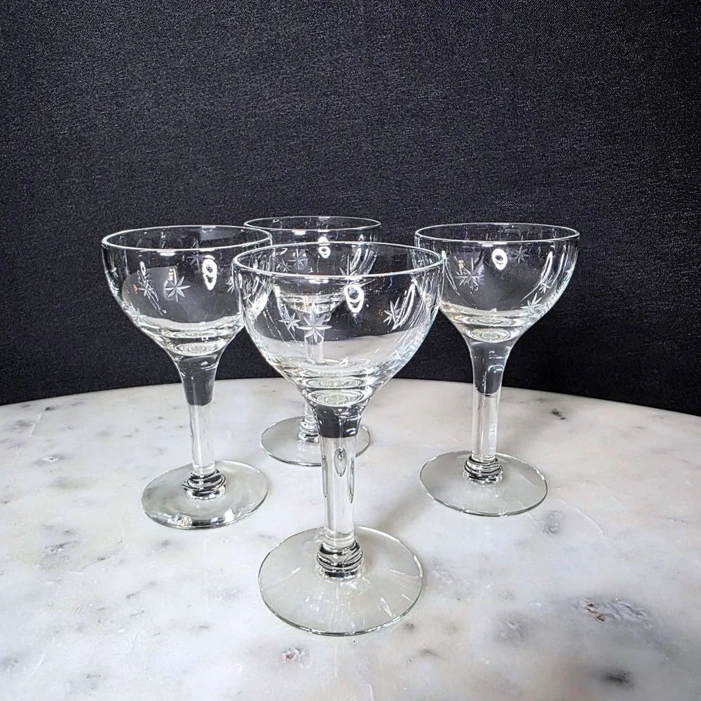 Vtg MCM Atomic Starburst Etched Cordial Liqueur Glasses Set 4 Mid Century